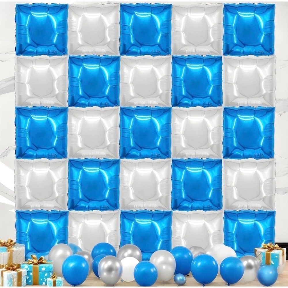 Blue and Silver BALLOON WALL Square Foil Backdrop 50 Pcs Double Sided